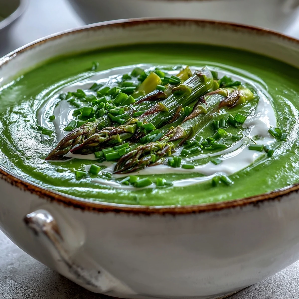 Silky smooth Asparagus Soup ladled into a ceramic bowl, ready to be served alongside crusty artisan bread.