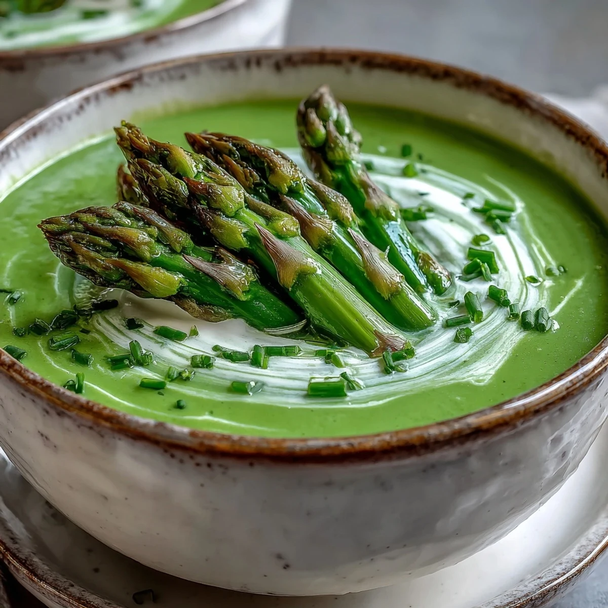 Steaming pot of creamy Asparagus Soup, highlighting fresh spring vegetables with a swirl of heavy cream.