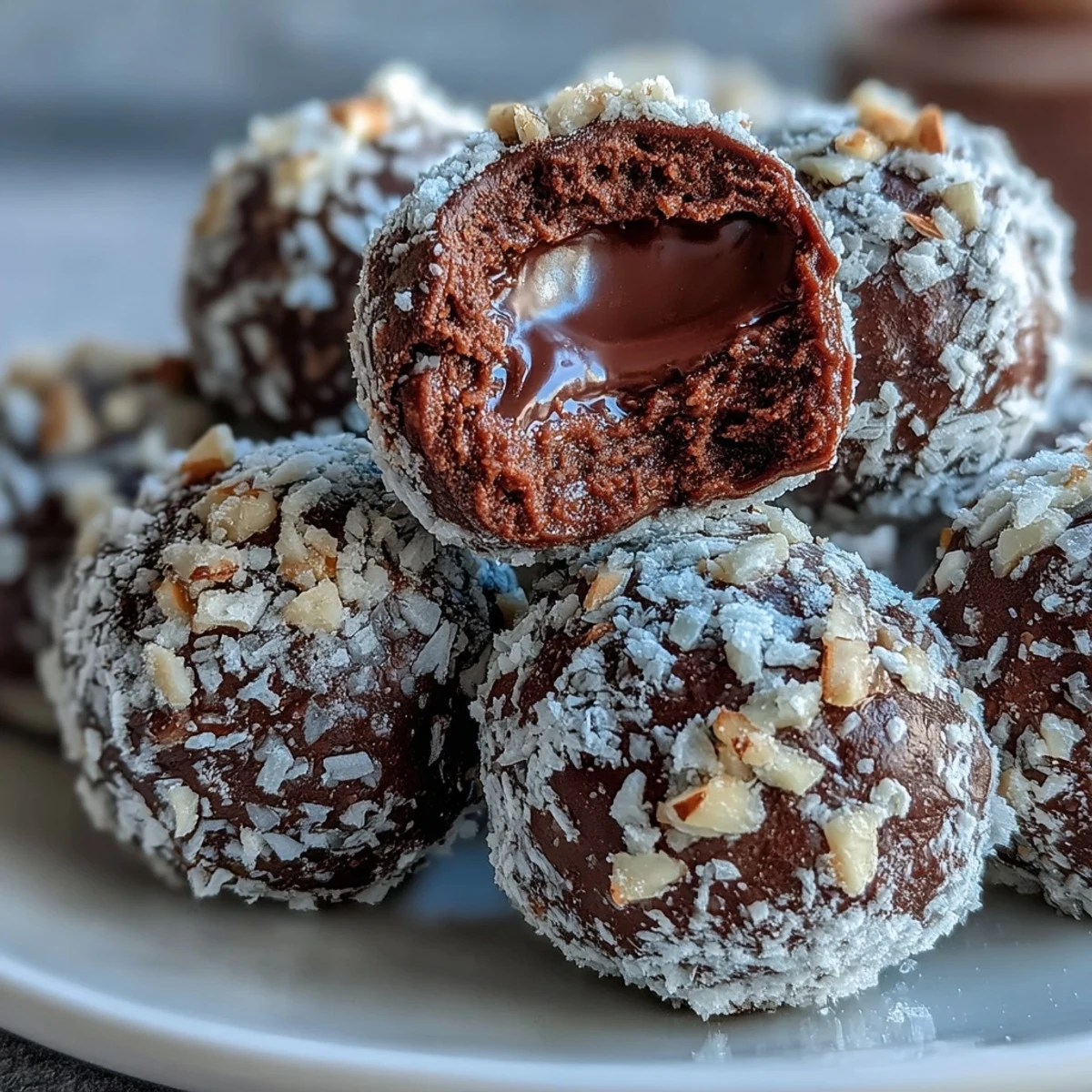 Homemade chocolate truffles dusted with cocoa powder, their velvety texture visible in a close-up serving suggestion.