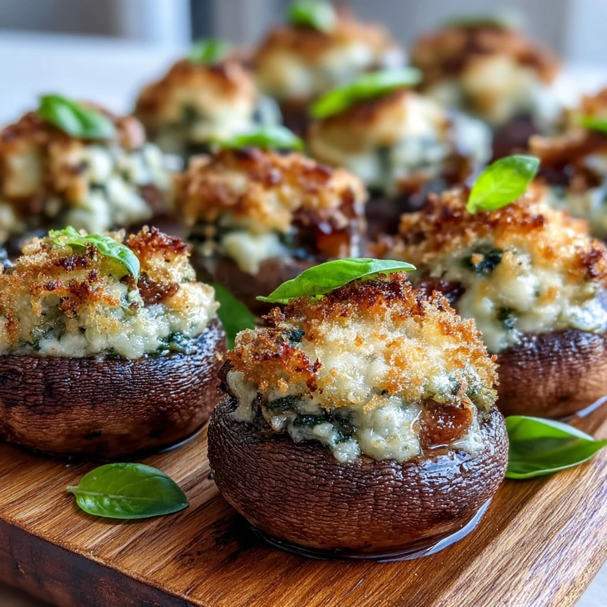 Golden-brown Stuffed Asiago-Basil Mushrooms with melted cheese and fresh basil garnish on a platter.