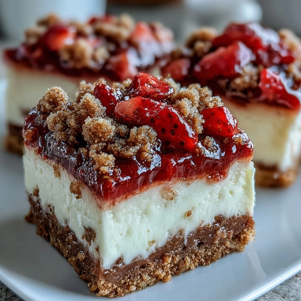 Freshly baked Strawberry Cheesecake Bars with a crumbly cinnamon streusel topping sit on a rustic wooden table.