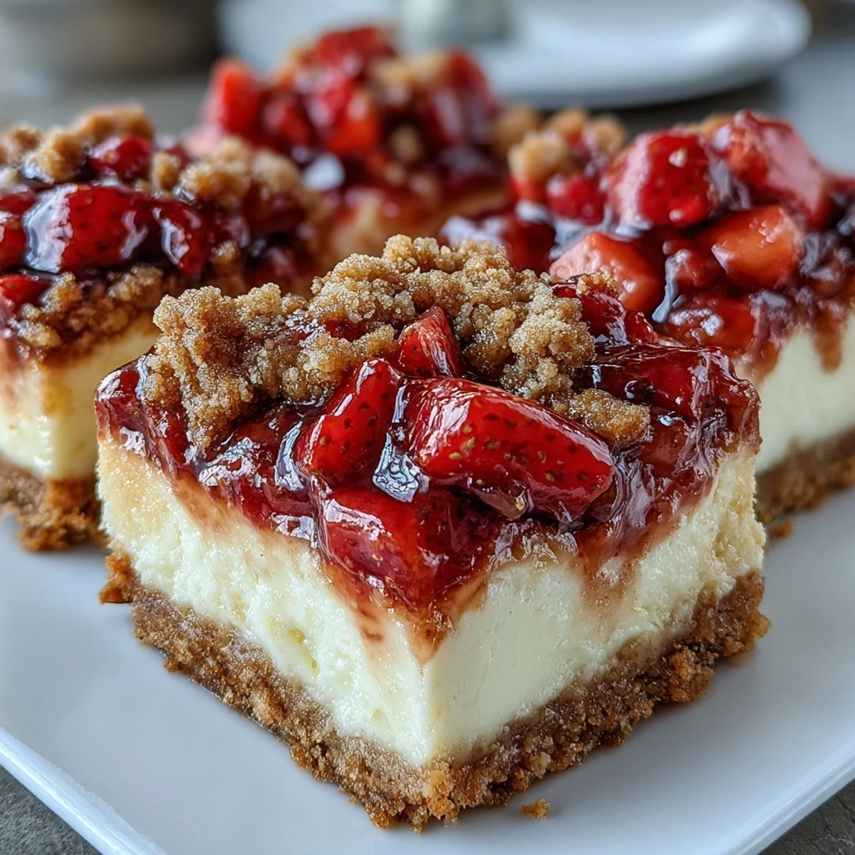 Chilled Strawberry Cheesecake Bars, sliced to reveal their rich layers, ready to serve for a sweet treat.