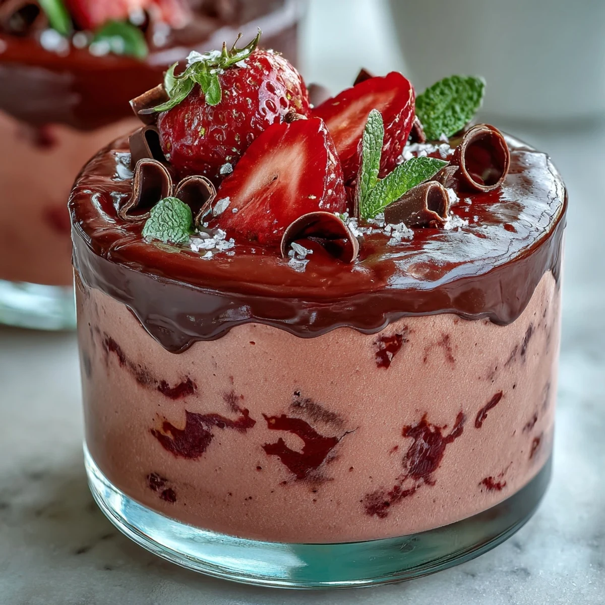 A layered glass of chocolate-covered strawberry mousse with airy pink mousse and glossy ganache, garnished with fresh berries and mint.