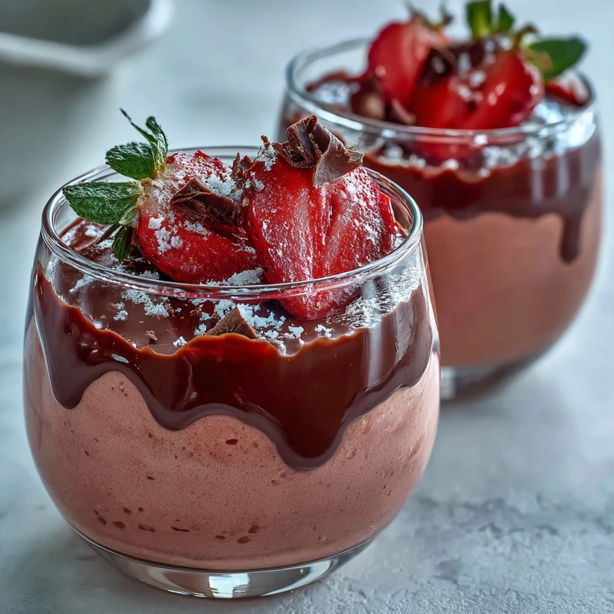 Decadent chocolate-covered strawberry mousse in a dessert glass, featuring a fluffy strawberry base, dark chocolate layer, and a juicy berry half.