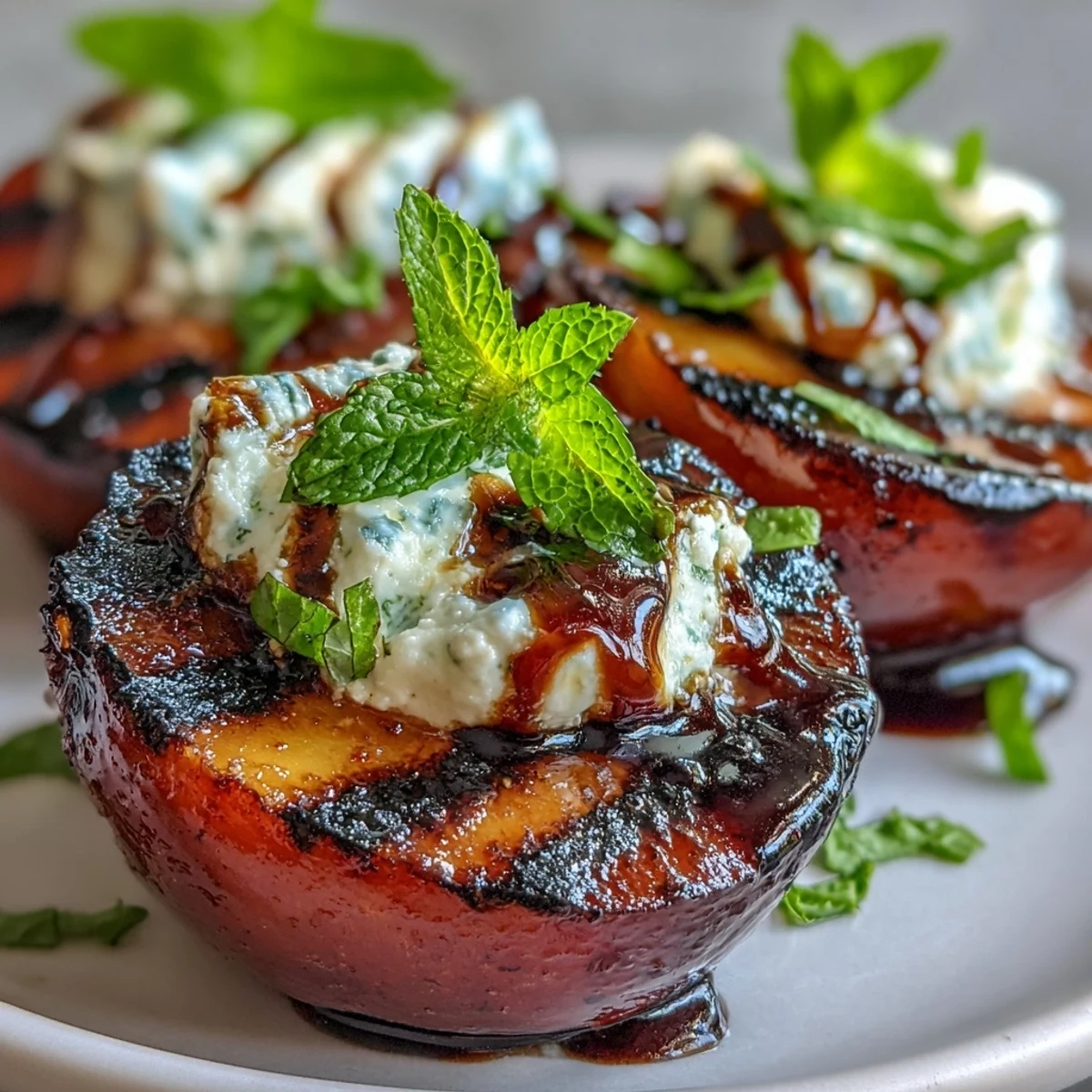 Grilled plums topped with creamy goat cheese and drizzled with balsamic glaze.