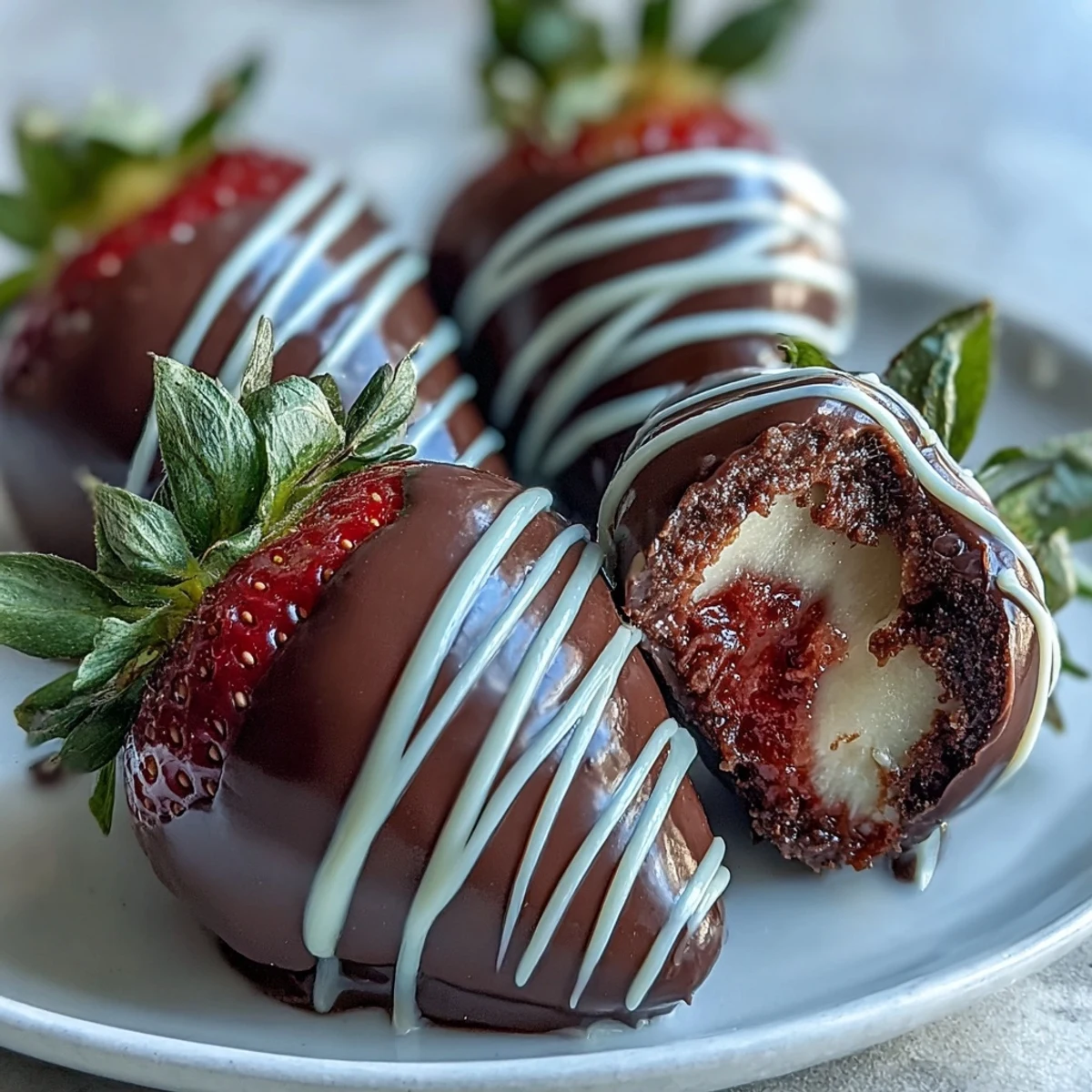 Fresh strawberries coated in rich semisweet chocolate, finished with a delicate white chocolate drizzle on a baking tray.