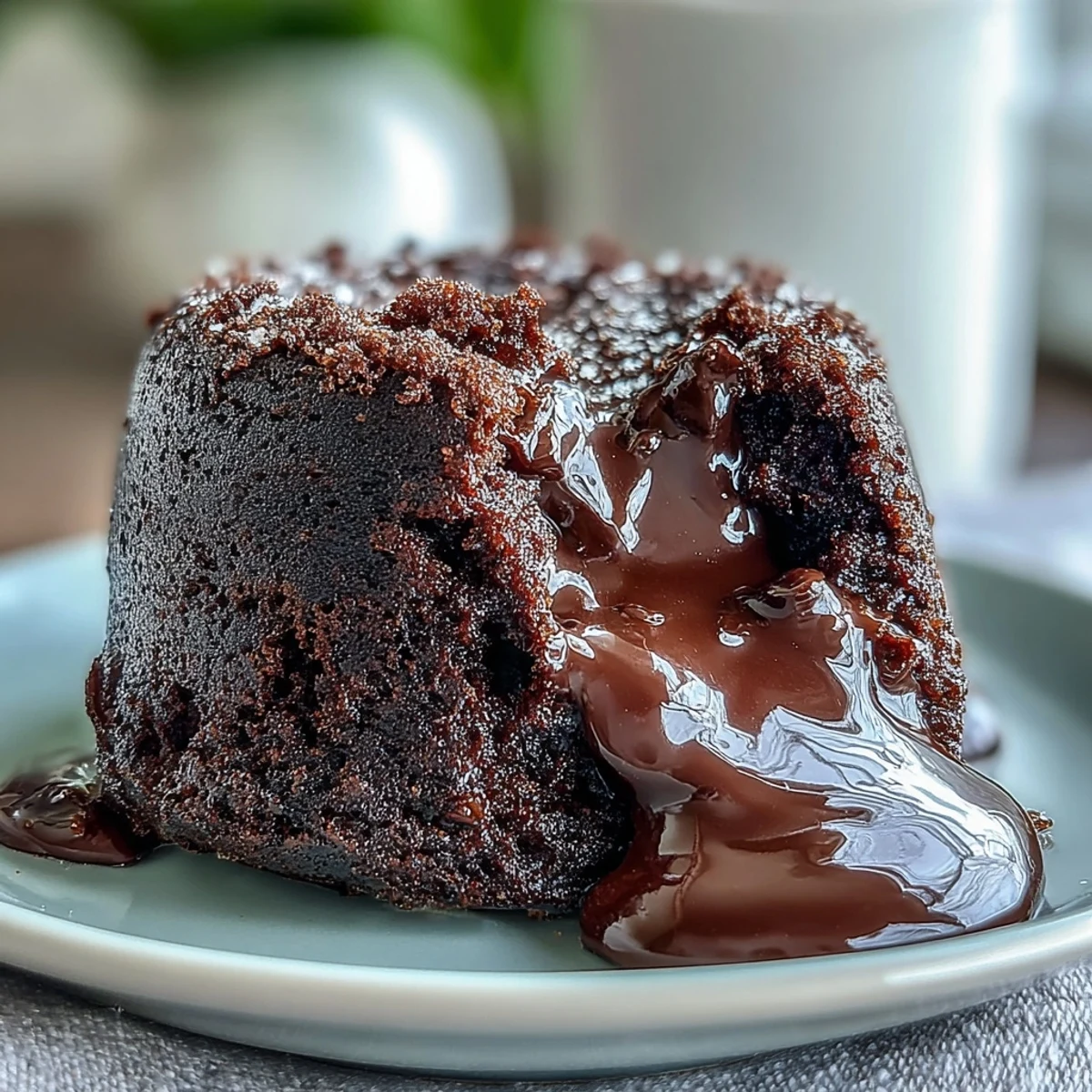 A close-up view of warm Chocolate Lava Cakes with Espresso, showing the rich, oozing chocolate center on a dessert plate.  