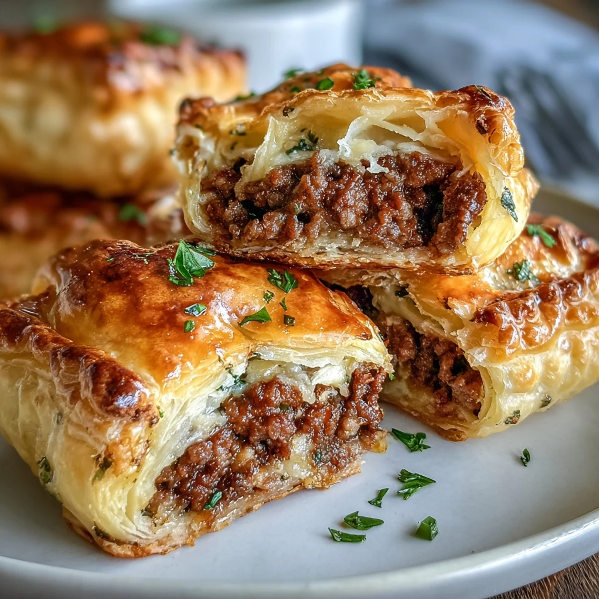 Golden-brown Mini Beef Tourtières sit on a rustic wooden board, showcasing their flaky cream cheese pastry tops and savory ground beef filling peeking from the edges.