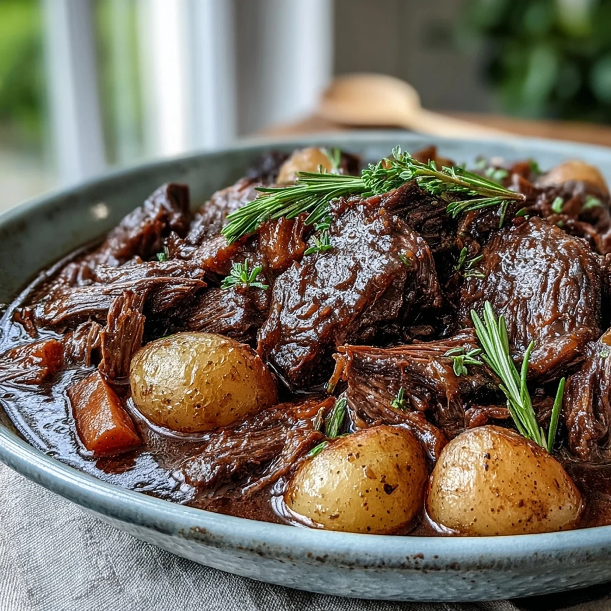 Close-up of a juicy slice of beef pot roast revealing marbled texture, surrounded by caramelized vegetables in a Dutch oven.