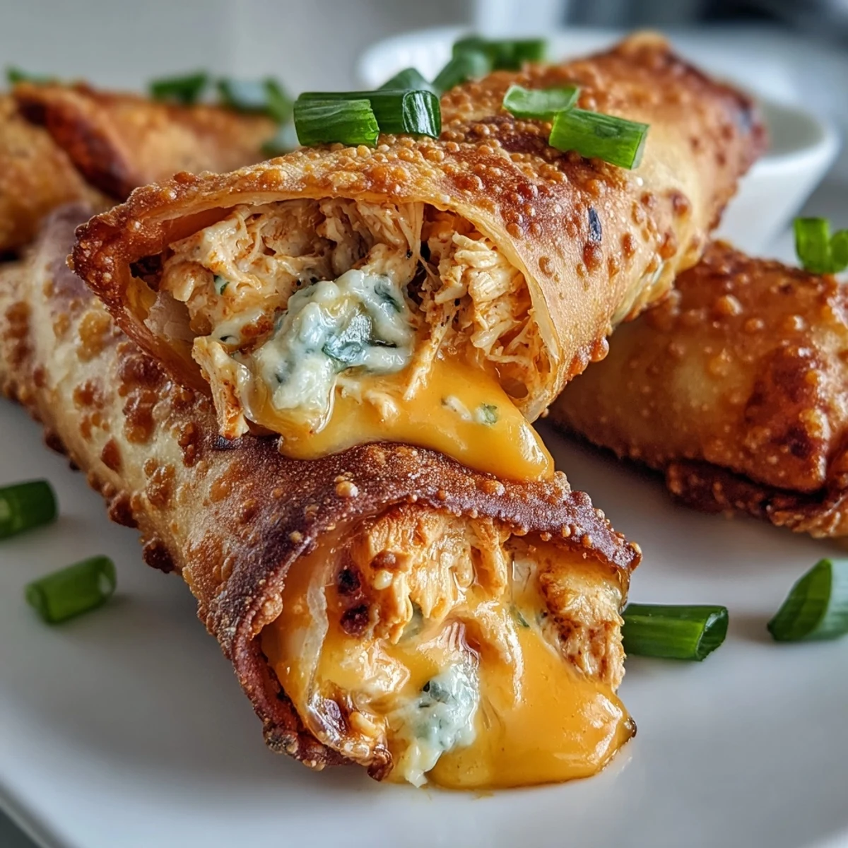 Golden, crispy Buffalo Chicken Dip Egg Rolls served with a side of creamy ranch dipping sauce.