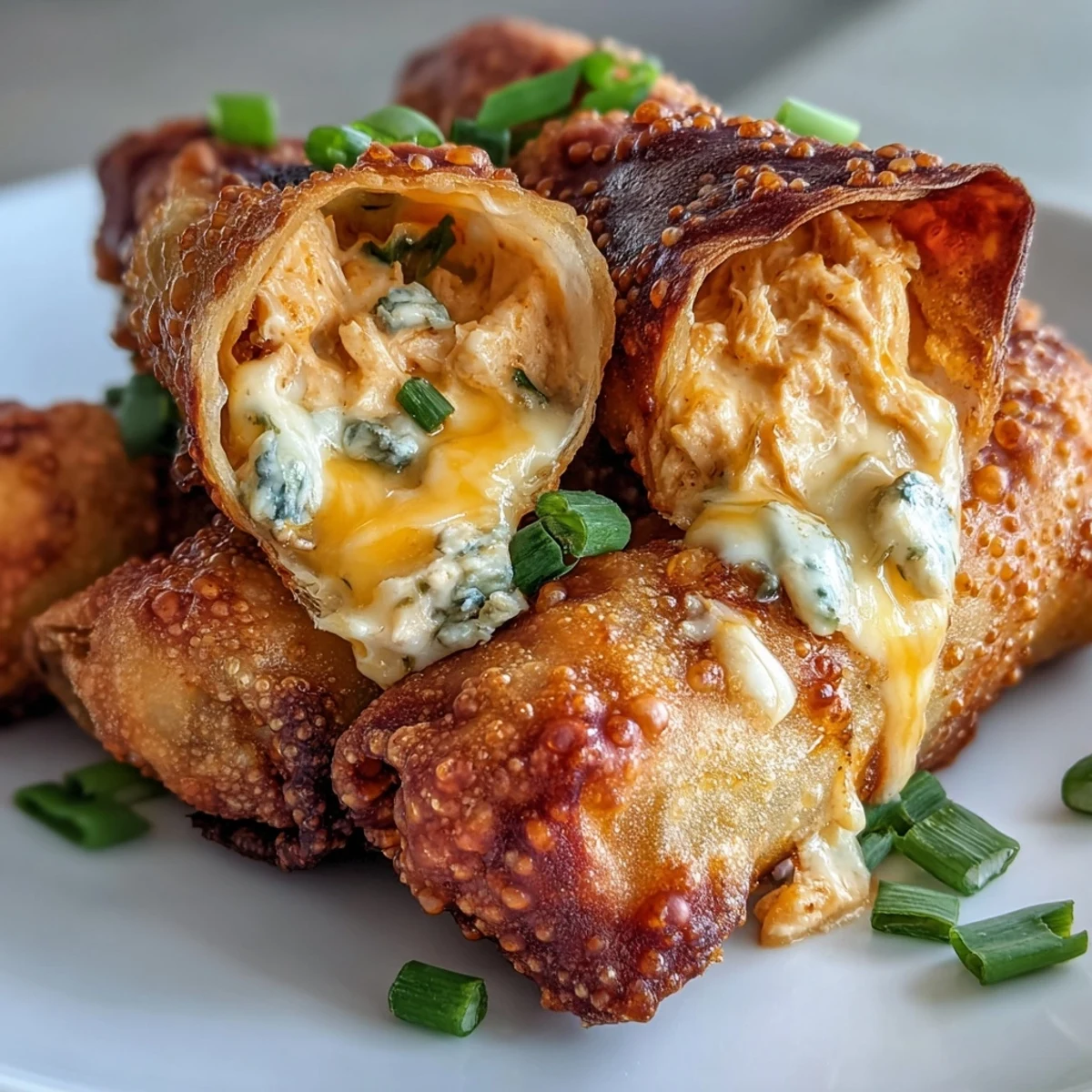 Freshly fried Buffalo Chicken Dip Egg Rolls with melty cheddar and zesty green onions.