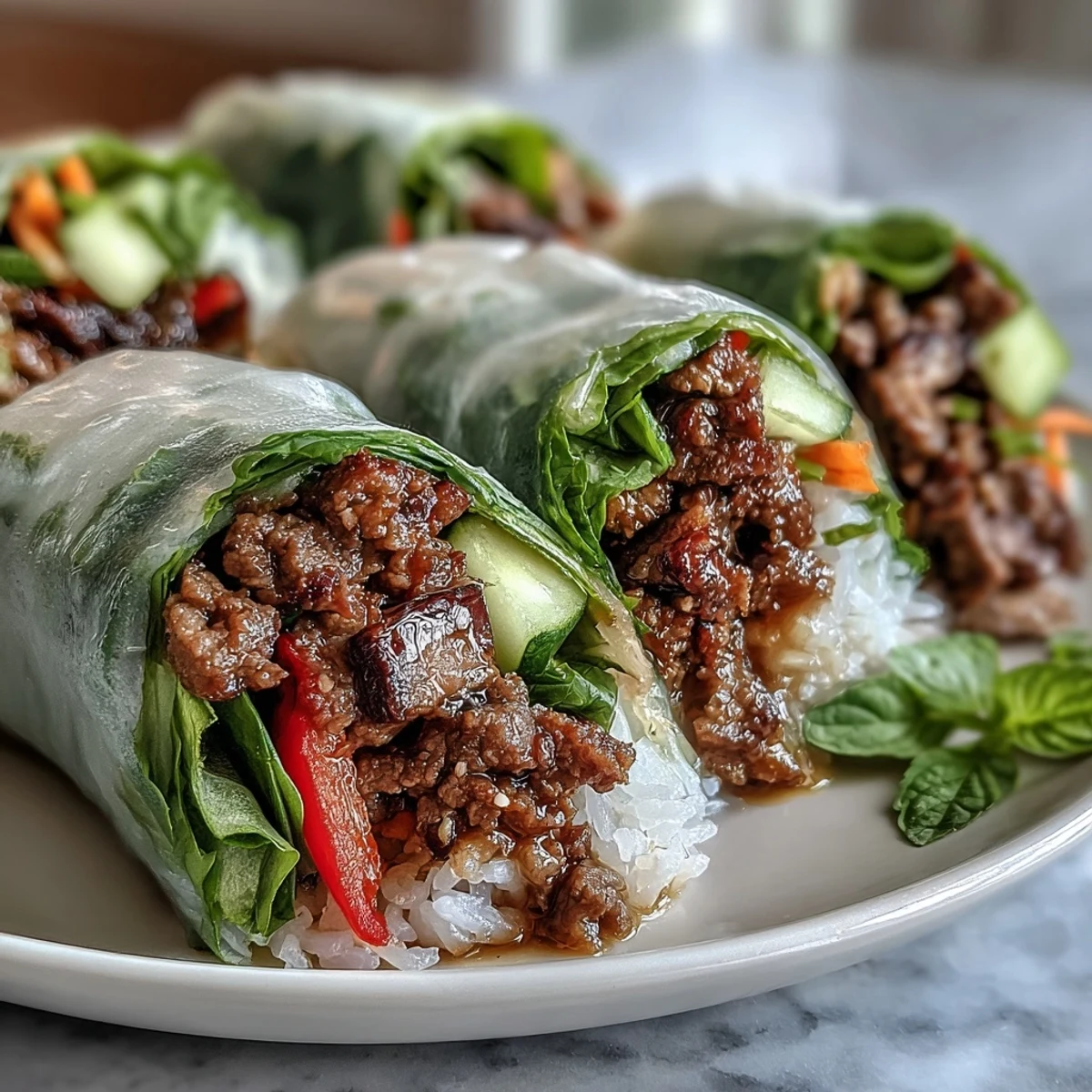 Freshly rolled Thai Basil Beef Rolls filled with savory ground beef, crisp vegetables, and soft rice paper. 