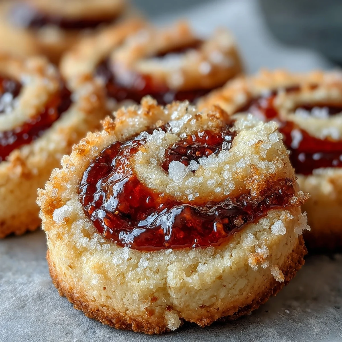 Freshly baked Raspberry Swirl Shortbread Cookies cool on a wire rack, showing golden edges and a vibrant red jam center.