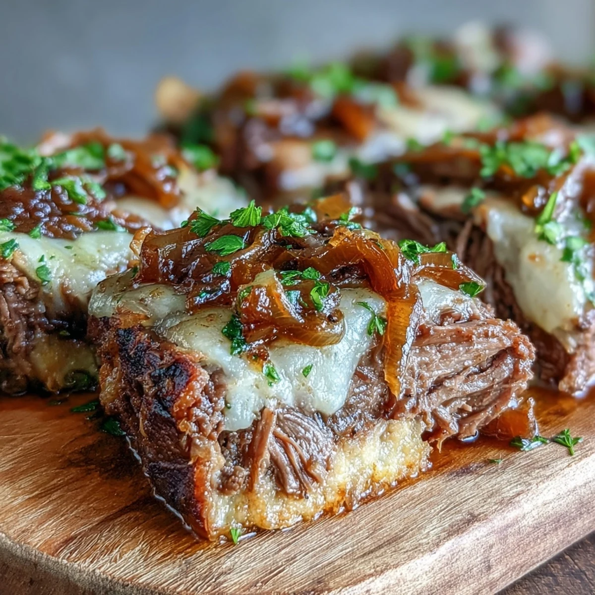 Slow-cooked Savory Crock Pot French Onion Pot Roast served over creamy mashed potatoes with parsley.