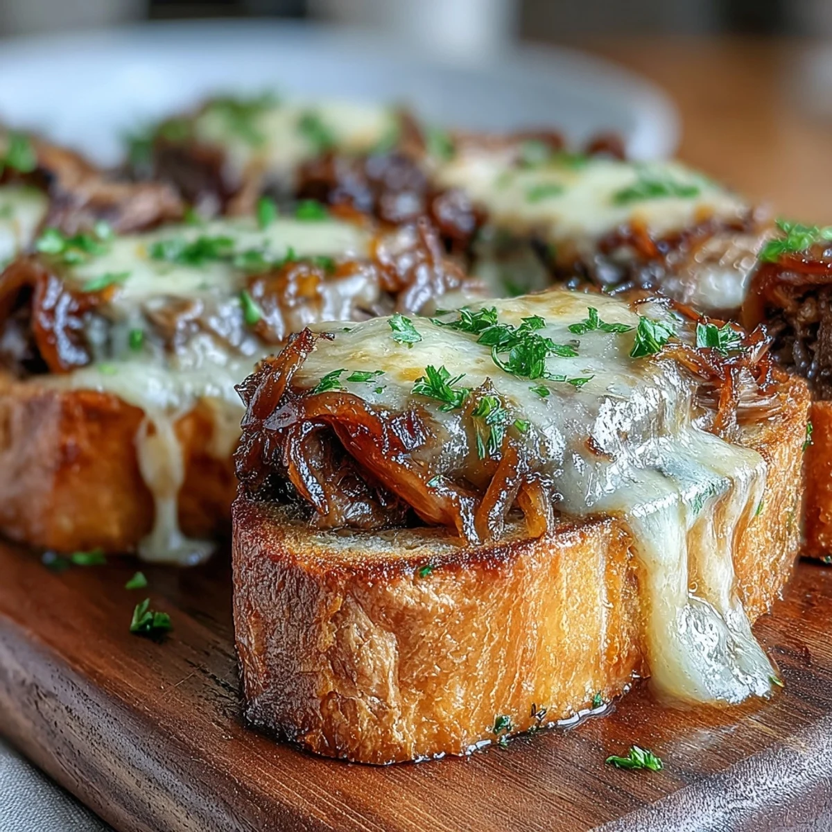 Fork-tender Savory Crock Pot French Onion Pot Roast with rich wine jus and gooey Gruyere topping.