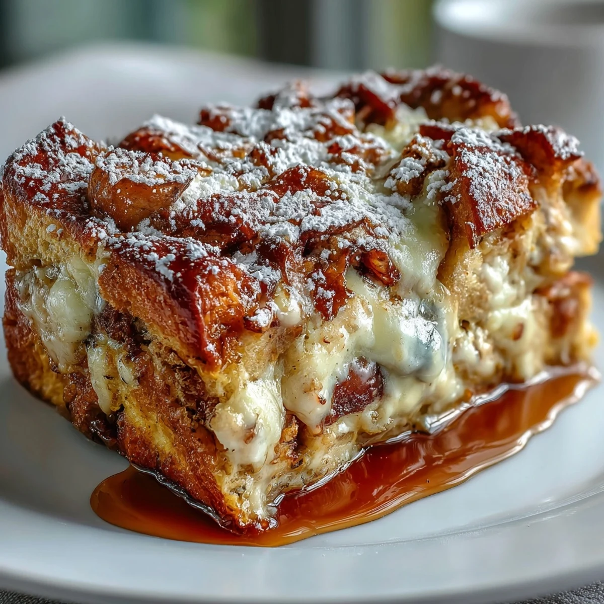 This golden-brown Monte Cristo Breakfast Casserole, topped with powdered sugar and maple syrup, is ready to slice for a hearty brunch crowd. 