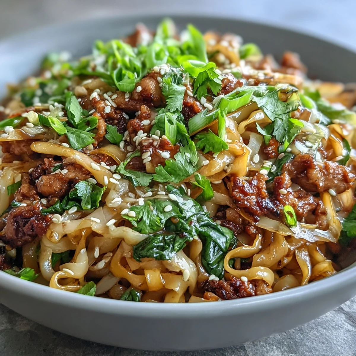 Potsticker Noodle Bowls with savory soy sauce, browned pork, crisp cabbage, carrots, and fresh herbs served in a bowl.