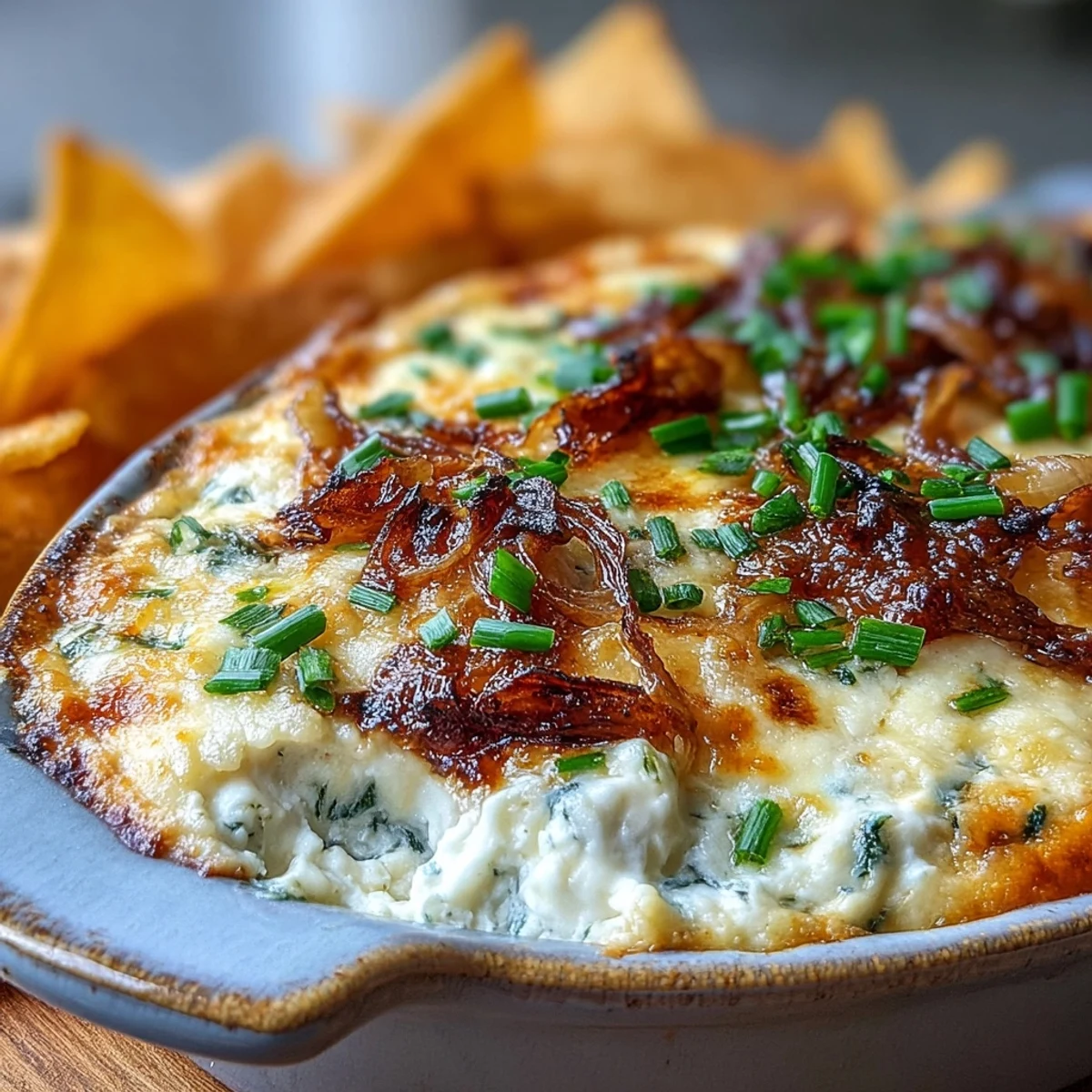 Bubbly Smoked Gouda & Onion Dip baked golden, served warm with tortilla chips.