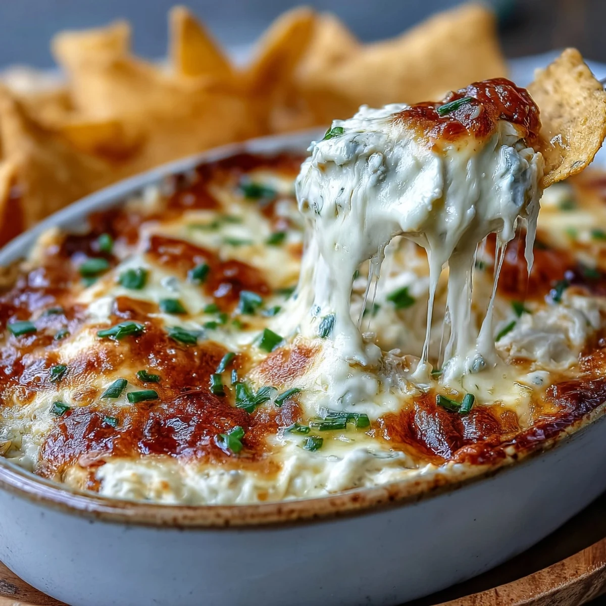 Golden-brown Smoked Gouda & Onion Dip fresh from the oven, steaming and cheesy.