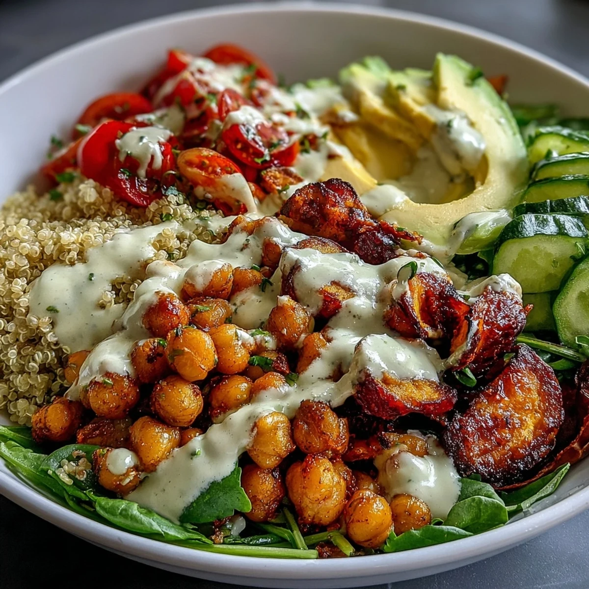 Fresh cucumber and avocado slices add crisp texture to a colorful vegan dinner bowl.