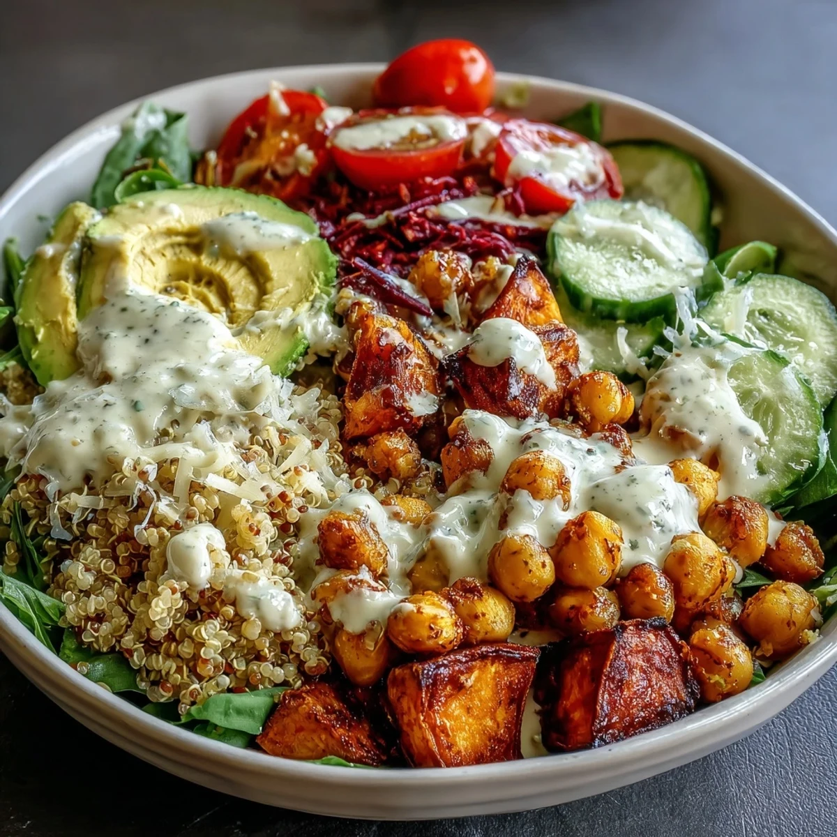 Garlic tahini dressing drizzles richly over the healthy meal, served ready to enjoy.