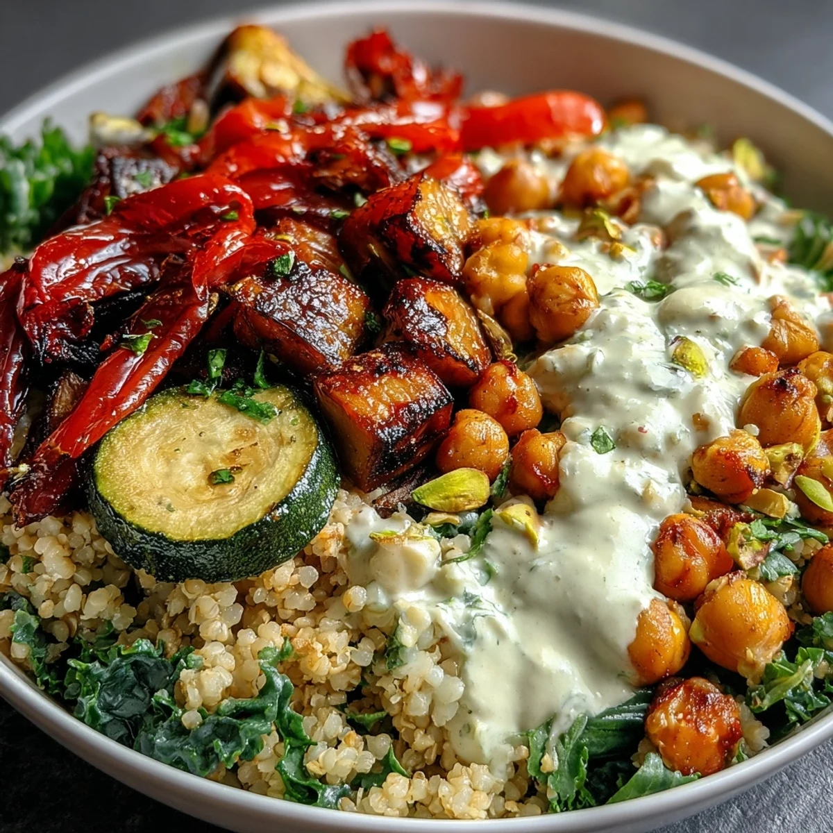 Green steamed kale and spiced chickpeas are layered over a savory grain base, ready for a nutritious meal prep lunch.
