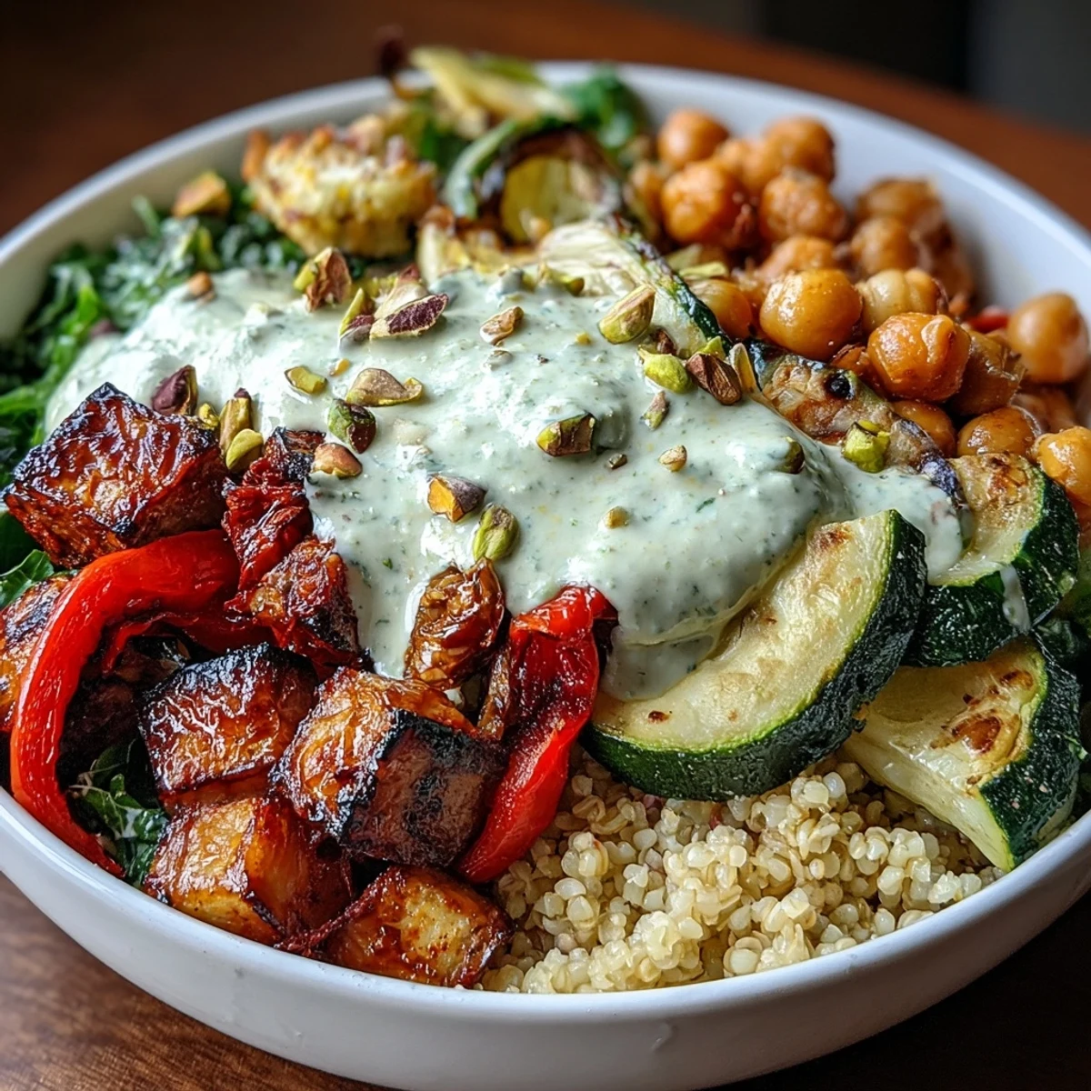 Golden roasted eggplant, zucchini, and sweet peppers sit atop fluffy bulgur pilaf with pistachios in this vibrant Mediterranean Buddha Bowl.