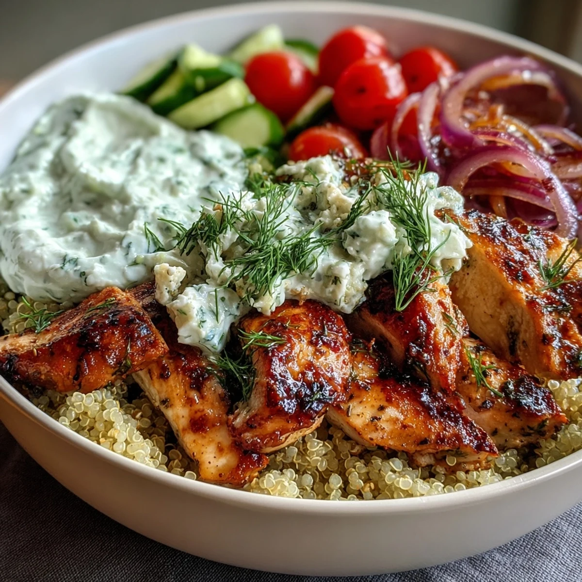 Vibrant Greek Chicken Power Bowl with juicy grilled chicken, fluffy quinoa, fresh veggies, and creamy tzatziki on a white plate.
