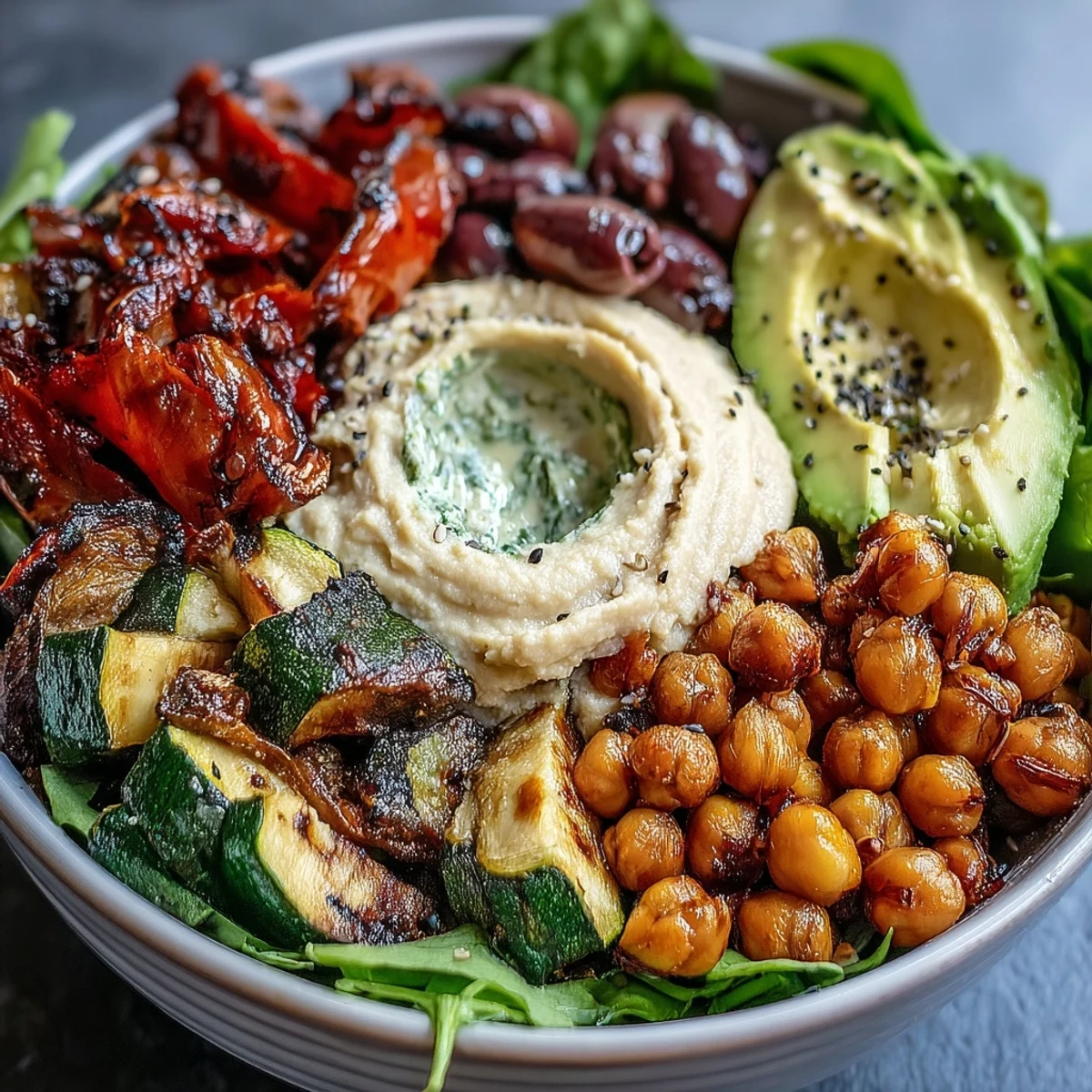 Healthy Vegan Mediterranean Buddha Bowl topped with sliced avocado and roasted vegetables, served as a vibrant main dish.
