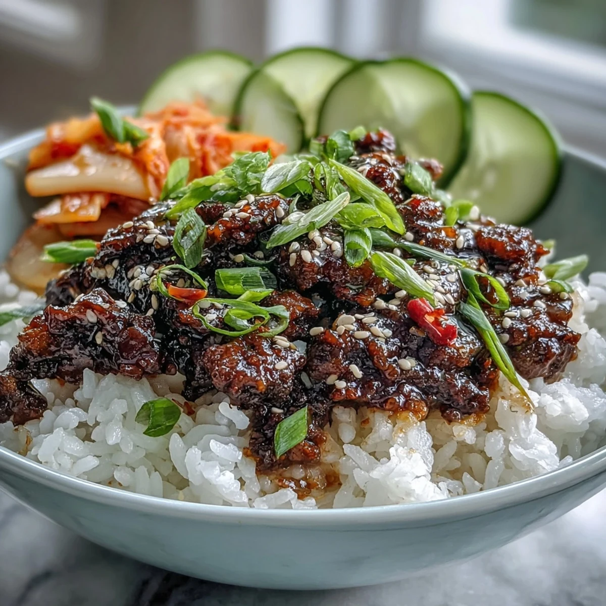 A close-up of Korean Beef Bowl topped with spicy kimchi and quick-pickled veggies.
