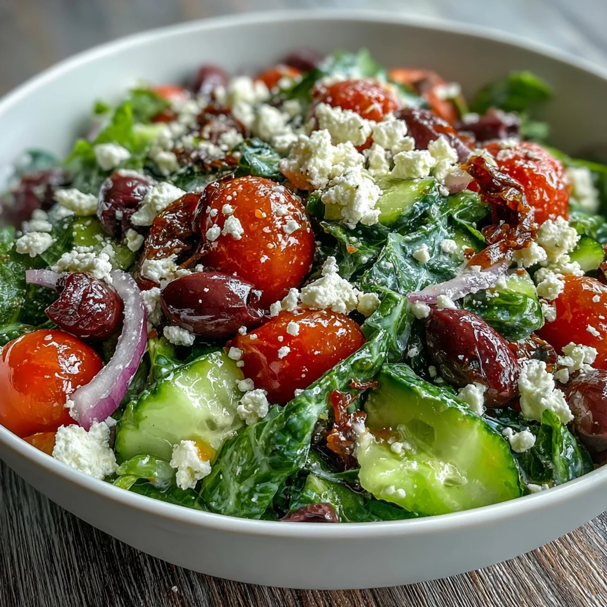 A vibrant Greek Salad Bowl with crisp romaine, creamy feta, briny Kalamata olives, and a bright red wine vinaigrette.