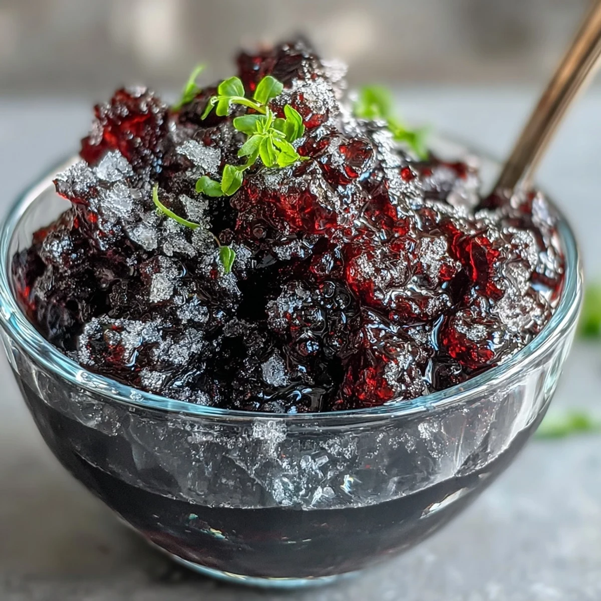 A close-up of homemade Black Currant Granita in a chilled glass, showing the bright, icy purple texture topped with fresh mint.