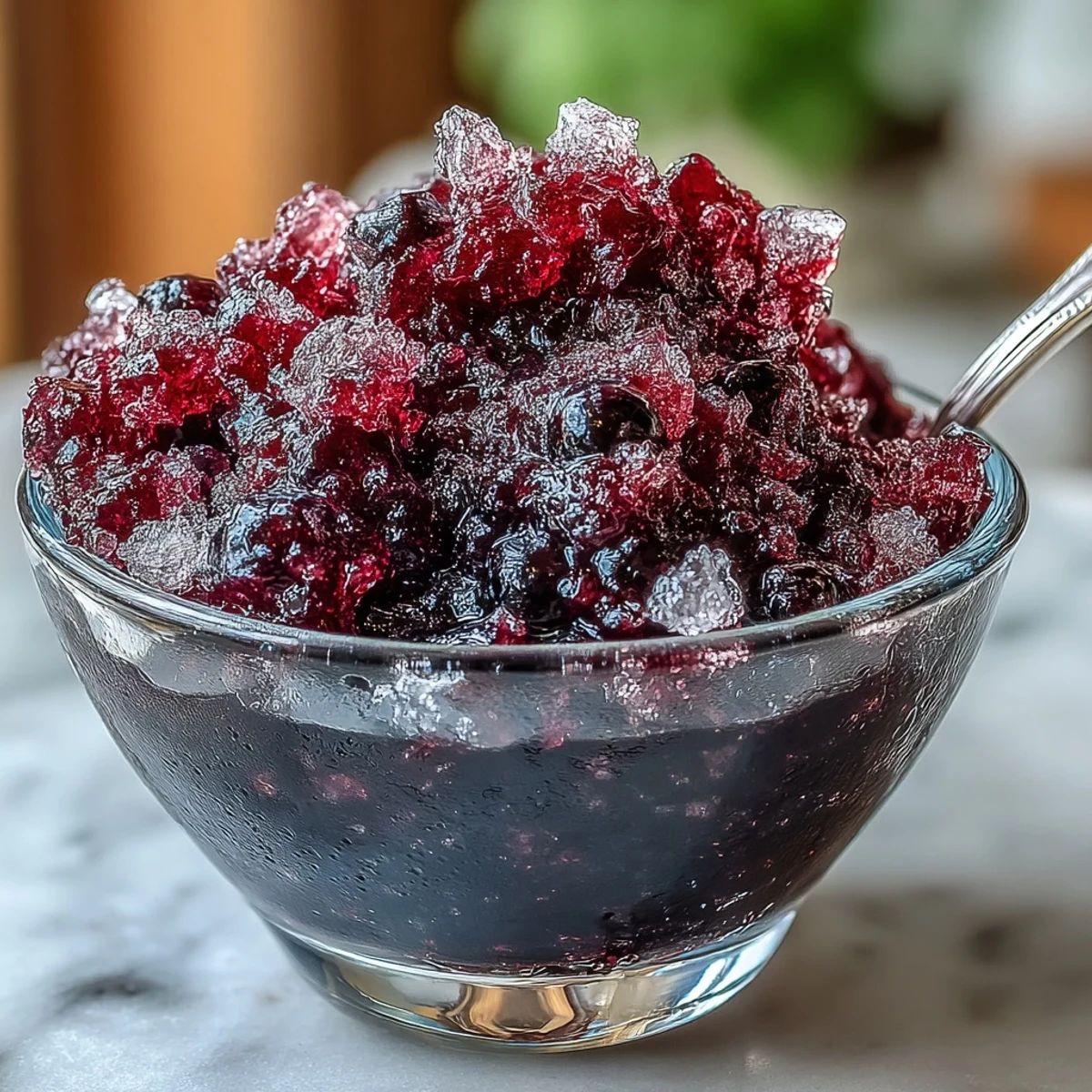 This vegan Black Currant Granita dessert is fluffed with a fork, revealing its crystalline, shaved ice consistency and deep ruby color.