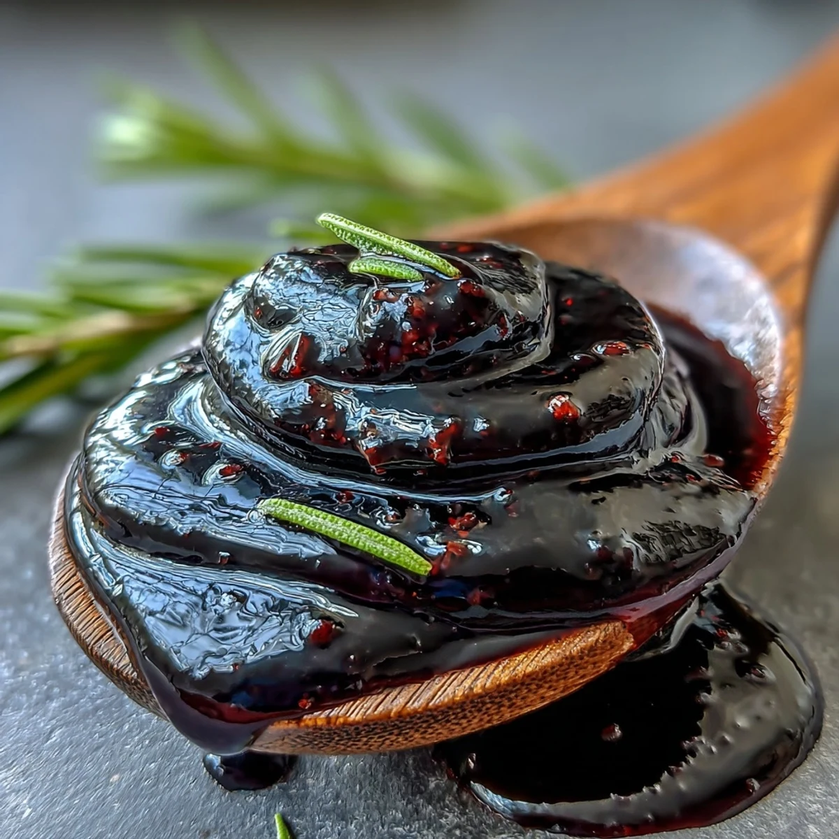 A drizzle of Black Currant and Rosemary Reduction enhances a plated serving of roasted lamb, accompanied by vibrant green herbs and roasted root vegetables.