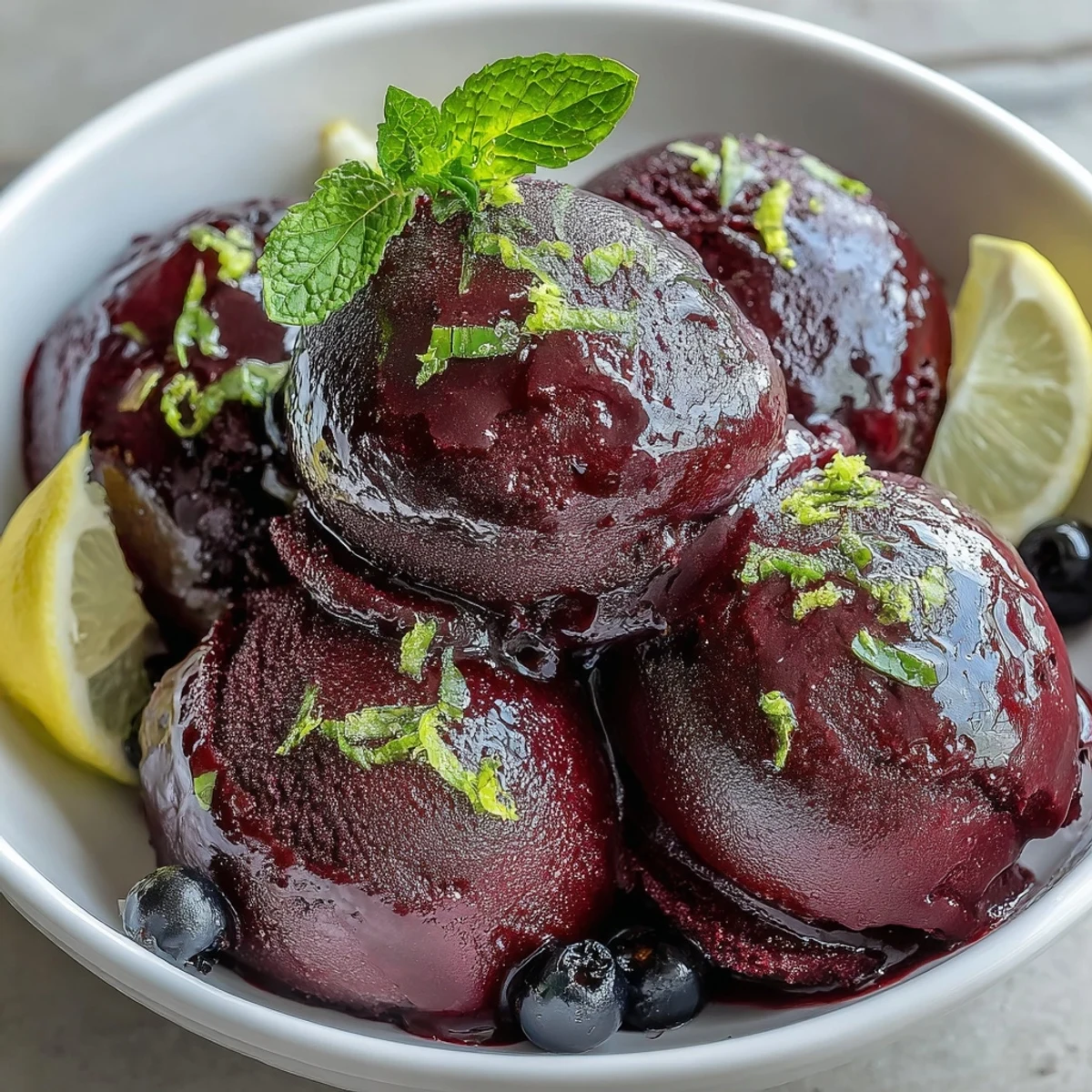 Inside a freezer-safe container, freshly churned Black Currant Sorbet displays a rich, deep purple hue and creamy consistency.
