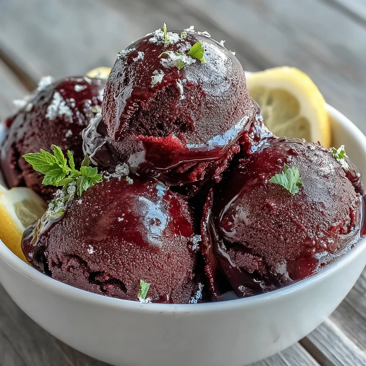 Homemade Black Currant Sorbet served in elegant dessert glasses, garnished with fresh berries and a sprig of mint.