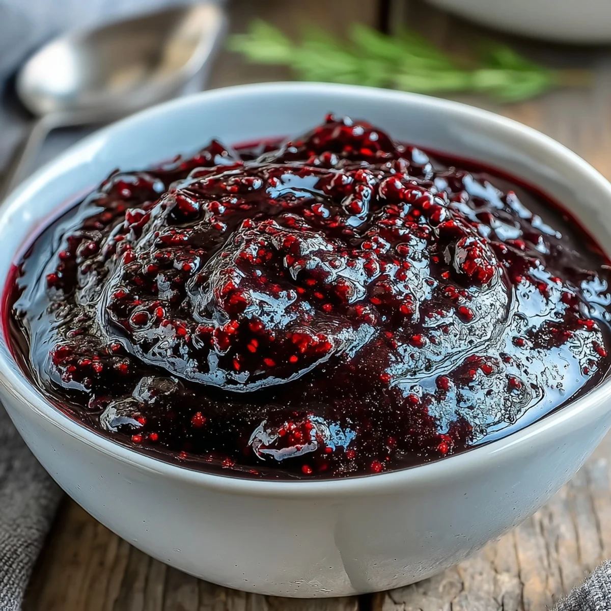 A glossy Black Currant Reduction drizzled over roasted duck breast, garnished with fresh thyme and cracked pepper.