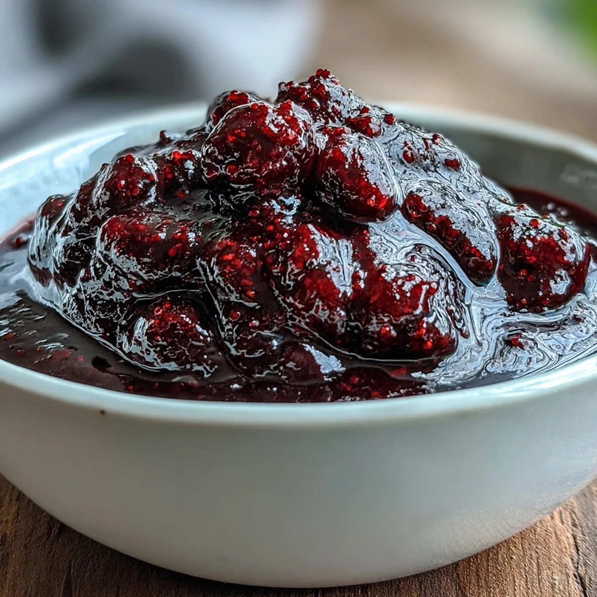 Close-up of a spoon lifting velvety Black Currant Reduction beside charcuterie and soft cheese on a board.