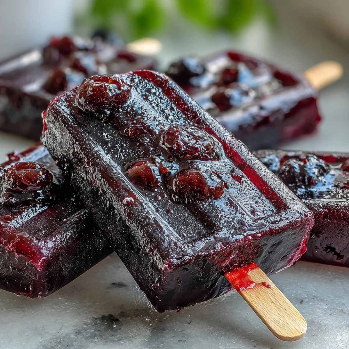 Six vibrant homemade Black Currant Popsicles stand upright in a metal tray, showcasing their deep purple hue and glossy finish.
