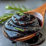 A drizzle of Black Currant and Rosemary Reduction enhances a plated serving of roasted lamb, accompanied by vibrant green herbs and roasted root vegetables.