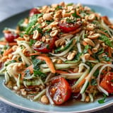 Vibrant Som Tam salad, fresh papaya, crunchy peanuts, zesty dressing.