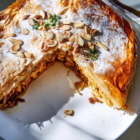 Golden, flaky Moroccan Pastilla Pie, a savory meat pie dusted in powdered sugar and cinnamon.