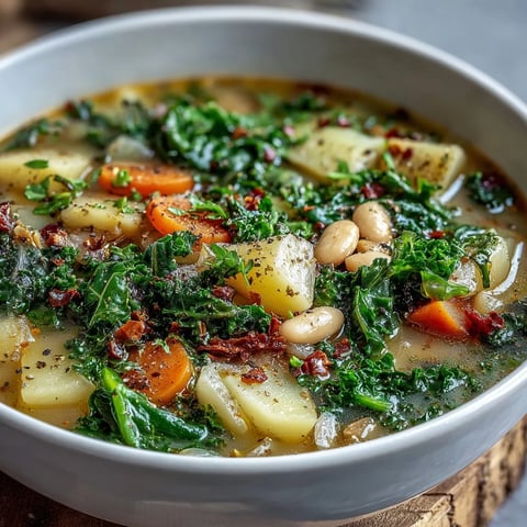 Steaming bowl of Kale Soup with cannellini beans, diced carrots, and rustic gluten-free bread.