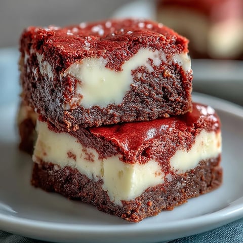 Freshly baked Red Velvet Cheesecake Brownies with rich red swirls and creamy cheesecake layers on a marble surface.