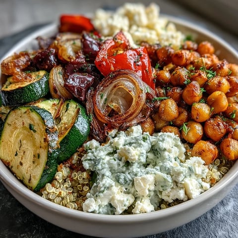 Plated Mediterranean Buddha Bowl with fluffy quinoa, roasted veggies, and creamy hummus.