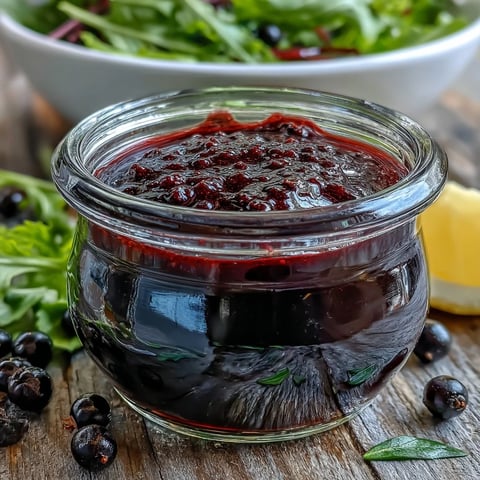 Bright purple Black Currant Vinaigrette being whisked in a glass bowl with olive oil and minced shallots.