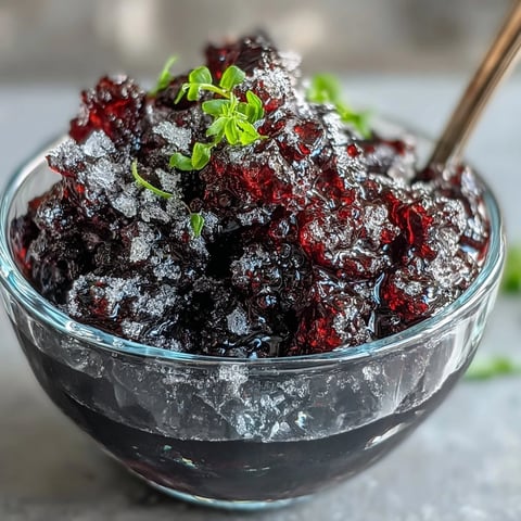 A close-up of homemade Black Currant Granita in a chilled glass, showing the bright, icy purple texture topped with fresh mint.