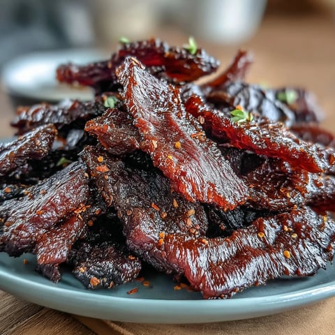 Slices of Black Currant Smoky Jerky glisten with tangy BBQ glaze, offering a rustic, sweet-and-savory snack perfect for road trips.
