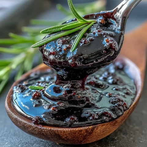 A rich Black Currant and Rosemary Reduction is spooned from a small saucepan, displaying its glossy, deep purple texture and specks of fresh rosemary.