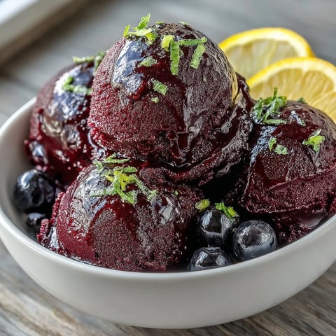 A close-up scoop of vibrant purple Black Currant Sorbet reveals a smooth, shiny texture in a chilled glass bowl.